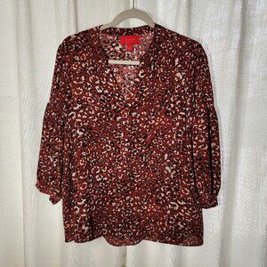 Maroon dress shirt with animal print in tan and black, Jennifer Lopez brand, Med
